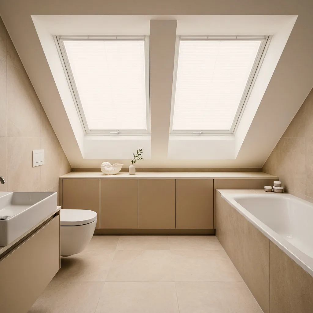 Bathroom example made with Vizera: beige attic bathroom with pleated blinds and bathtub – also in blue-gray with limestone and in the evening.