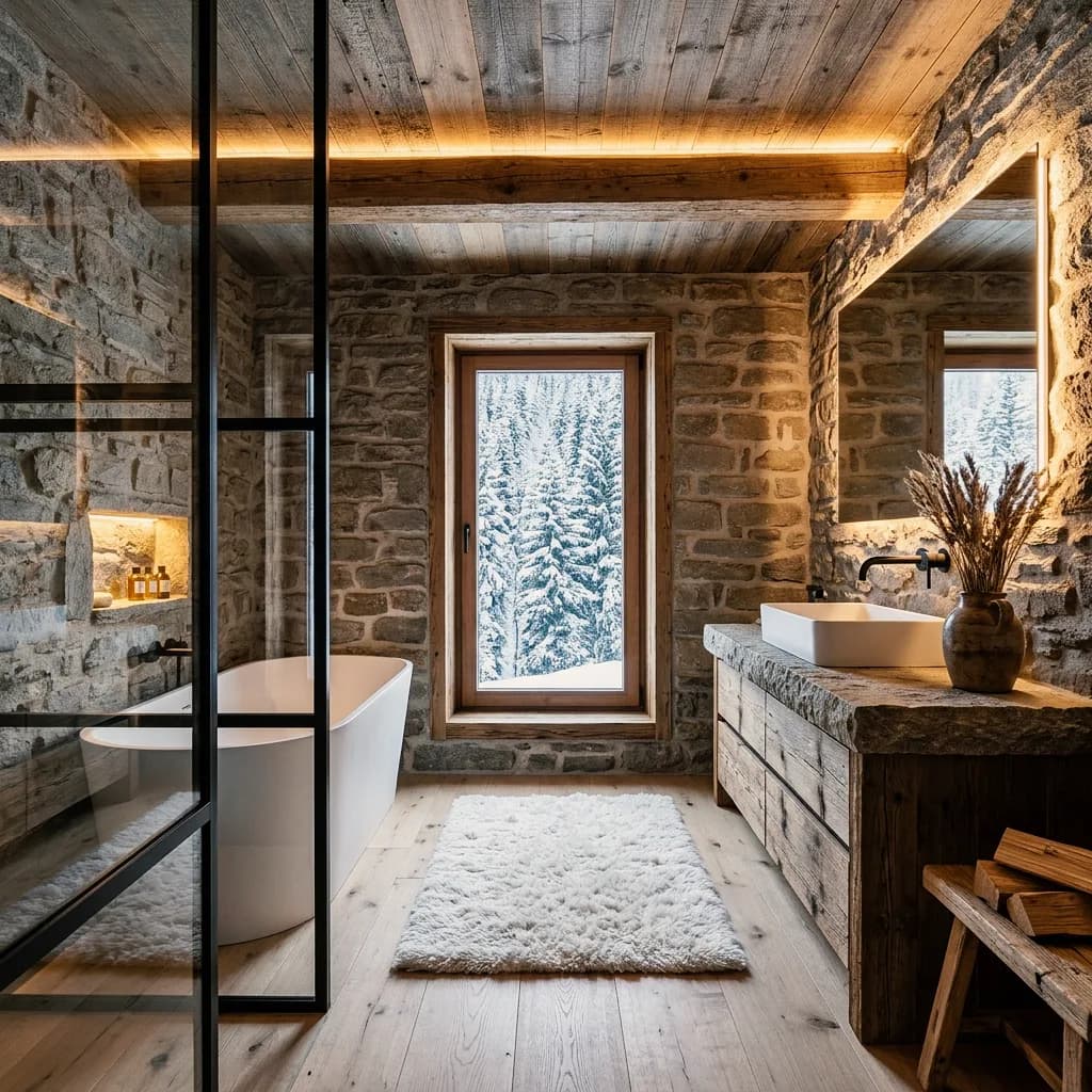 Exemple de salle de bain créé avec Vizera : salle de bain de chalet en moellons avec vue sur la neige – aussi en pierre calcaire avec chêne fumé et par un matin d'hiver.