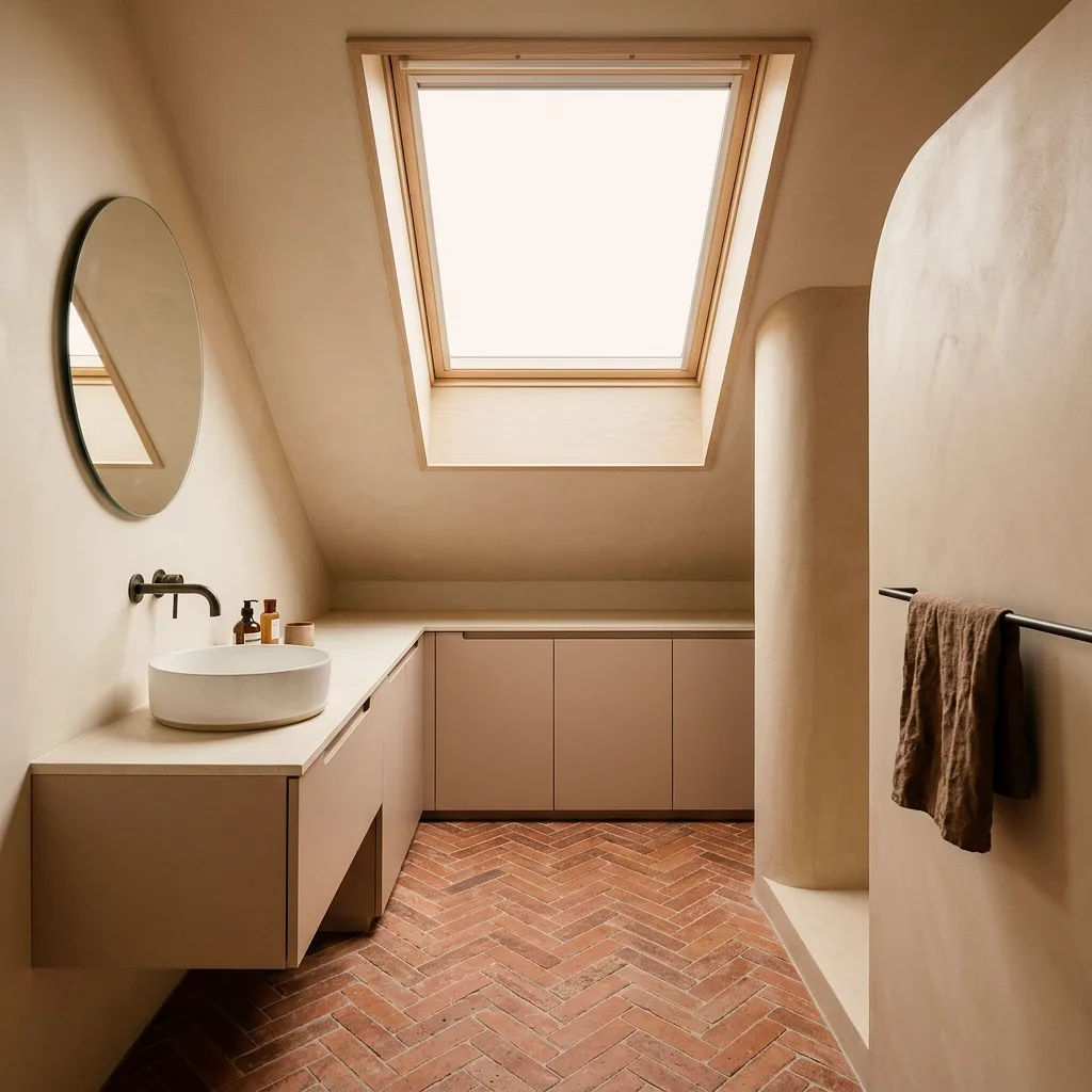 Exemple de salle de bain créé avec Vizera : salle de bain couleur sable sous les combles avec sol en terre cuite à chevrons – aussi en vert sauge avec terrazzo et le soir.