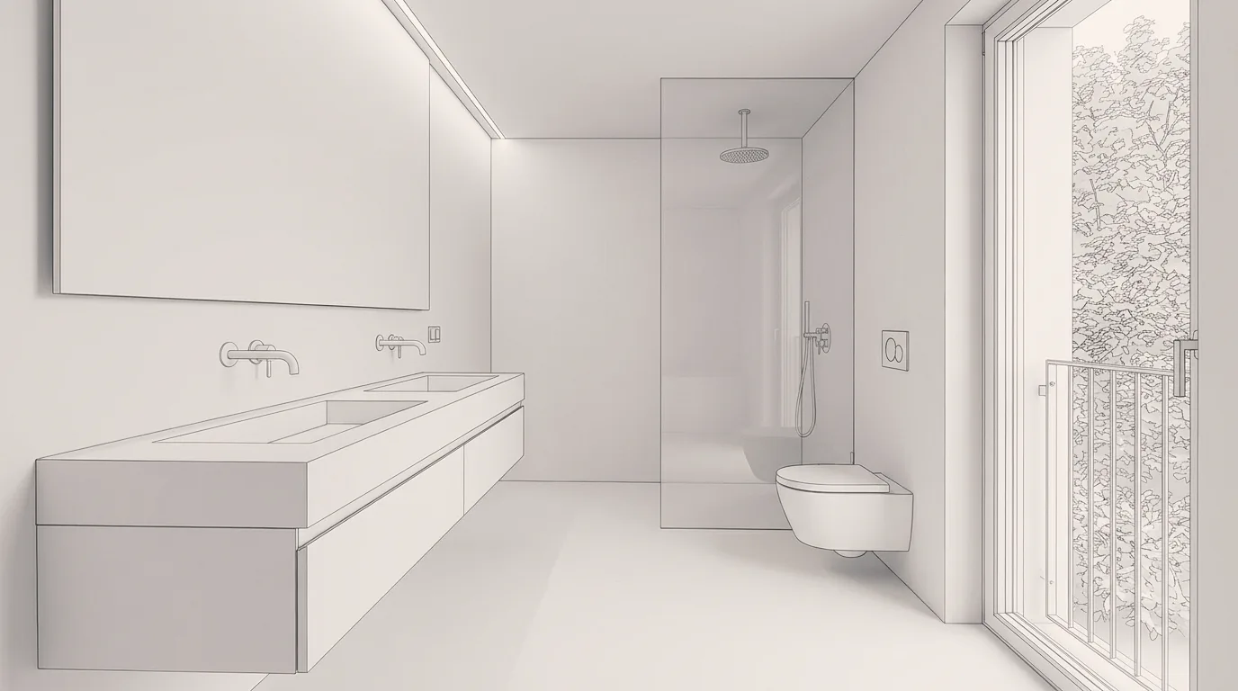 Exemple de salle de bain créé avec Vizera : salle de bain claire en pierre calcaire avec douche à l'italienne – aussi en marbre avec chêne fumé et à l'heure bleue.
