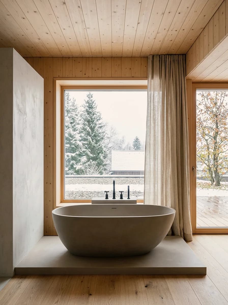 Bathroom example made with Vizera: freestanding tub in front of a panoramic window with a winter landscape – also in ivory with honey oak and at dusk.