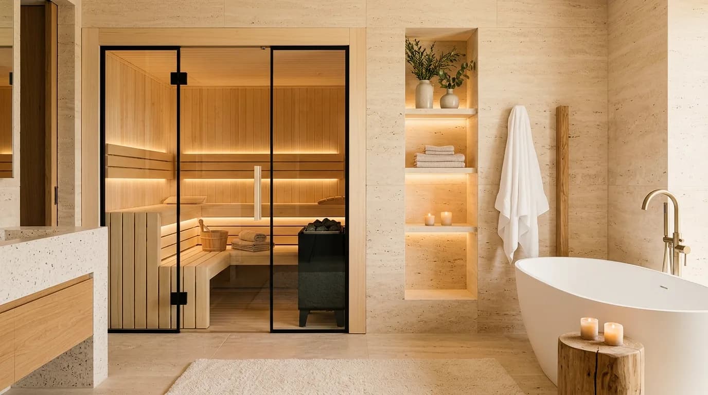 Bathroom example made with Vizera: light spa bathroom with sauna and tub – also in cool daylight.