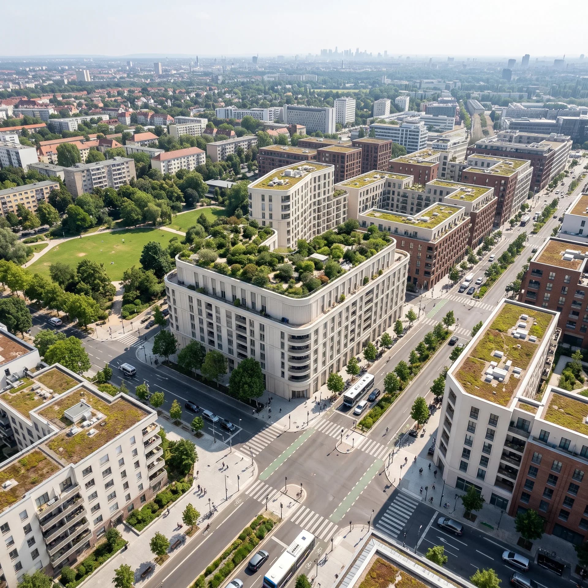 Neues Stadtquartier mit rundem Eckbau aus grosser Höhe – visualisiert, als CAD-Volumen und bei Nacht.