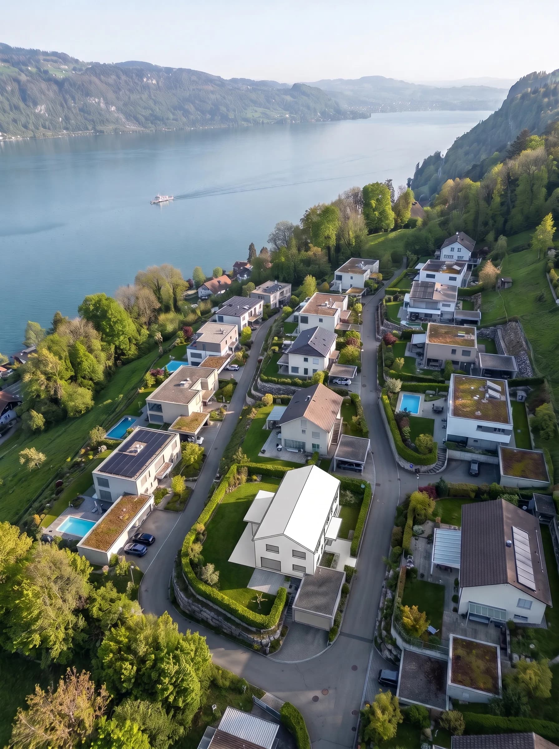 Einfamilienhausquartier über dem See – als CAD-Volumen, als Modell, visualisiert, im Spätherbst und bei Nacht.