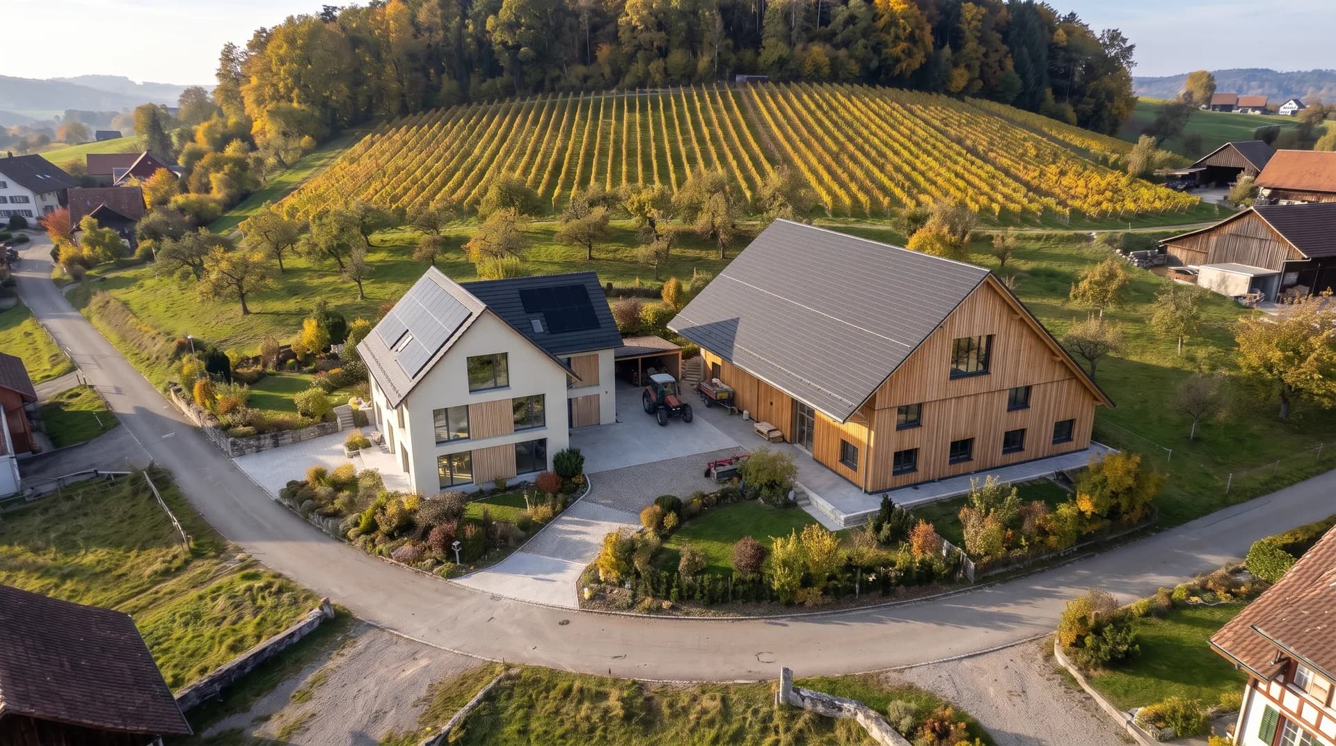Casa unifamiliare accanto a un fienile in legno davanti a un vigneto – come volume CAD, visualizzata, con larice e intonaco di calce e in primavera.