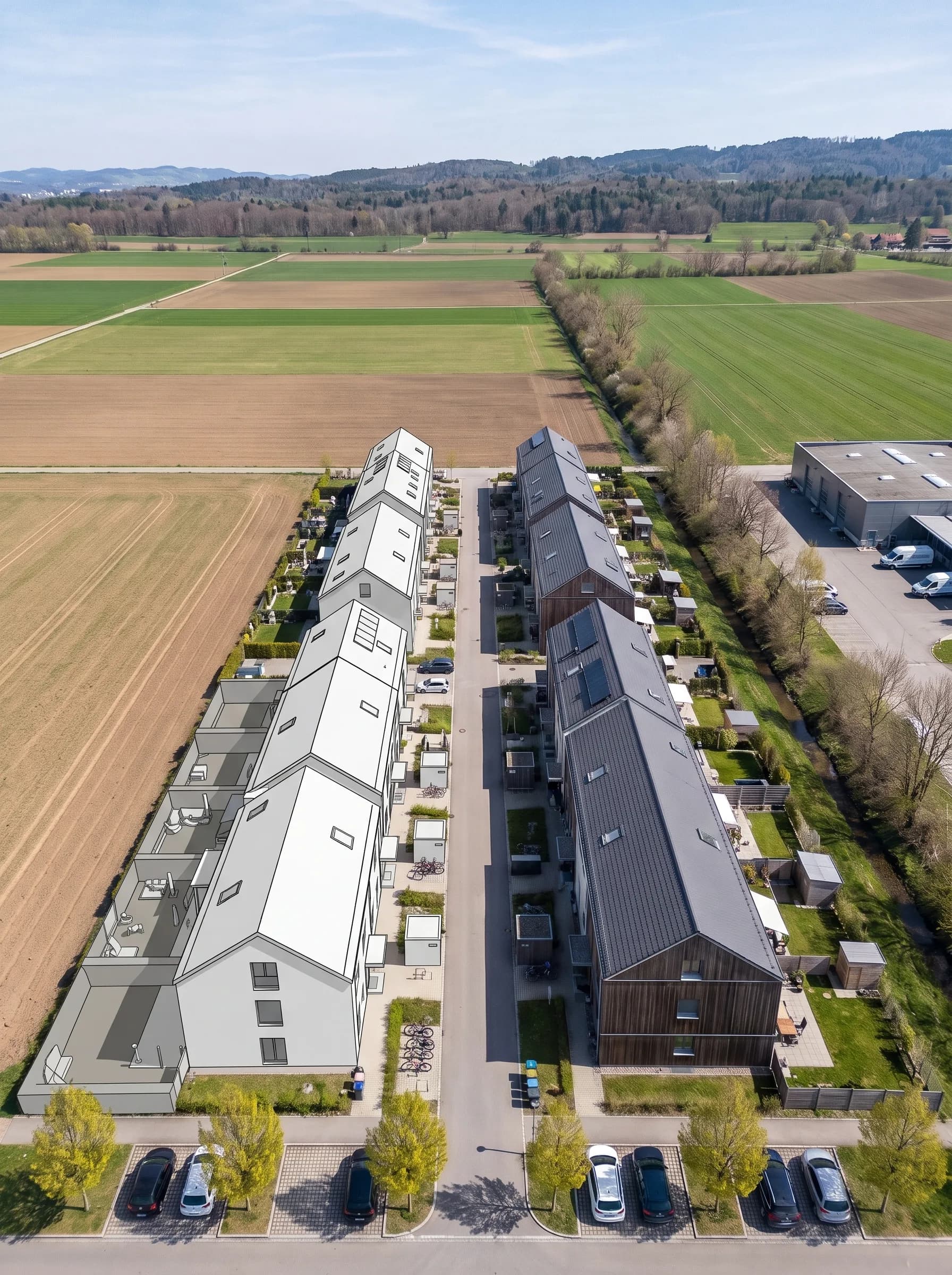 Reiheneinfamilienhäuser zwischen Feldern im Furttal – als CAD-Volumen, visualisiert, im Winter und bei Nacht.