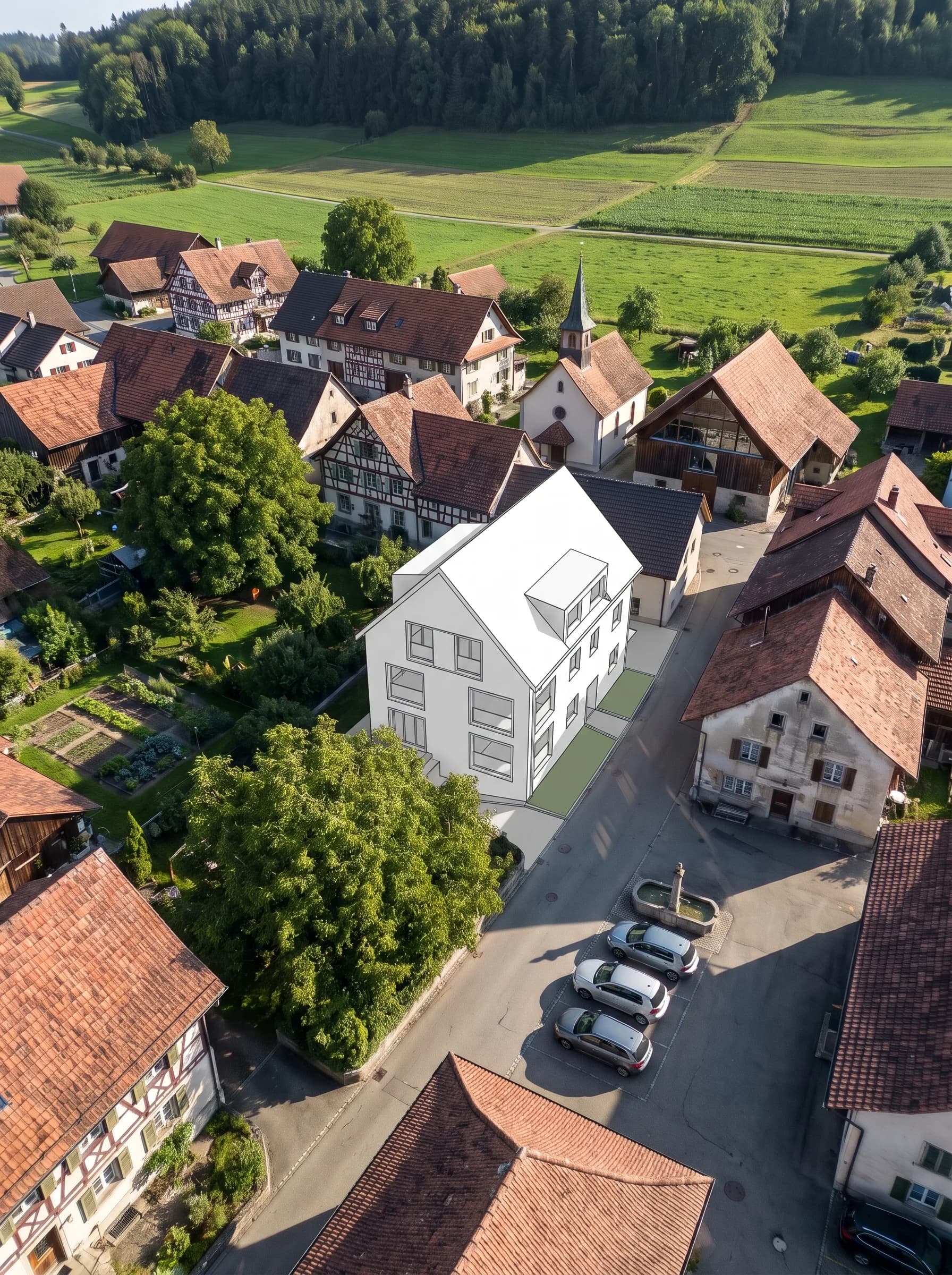 Dorfkern mit Ersatzneubau aus der Luft – als CAD-Volumen, visualisiert, mit Kalkputz und Eiche, im Winter und bei Nacht.