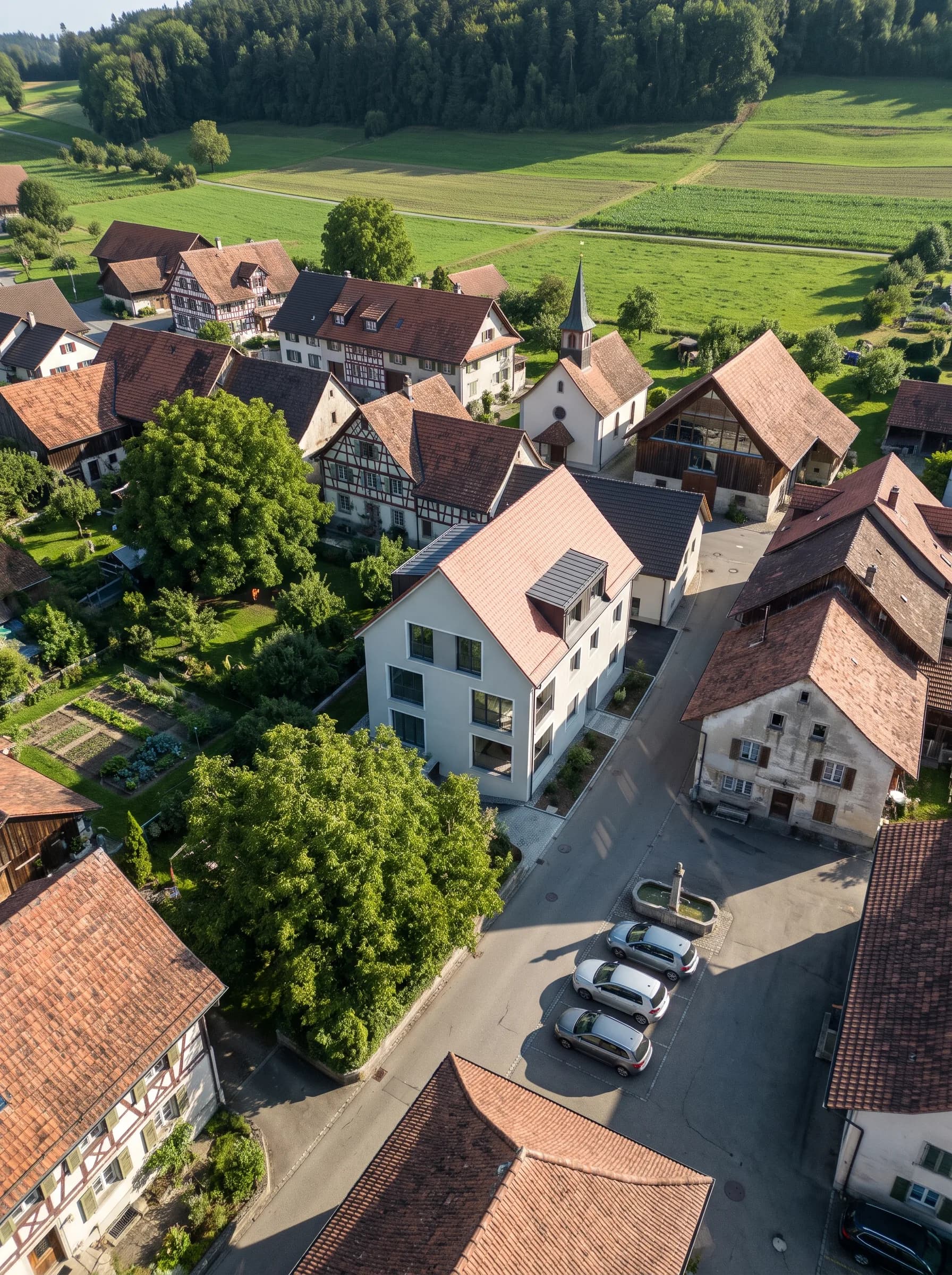 Nucleo del villaggio con nuova costruzione sostitutiva visto dall'alto – come volume CAD, visualizzato, con intonaco di calce e rovere, in inverno e di notte.