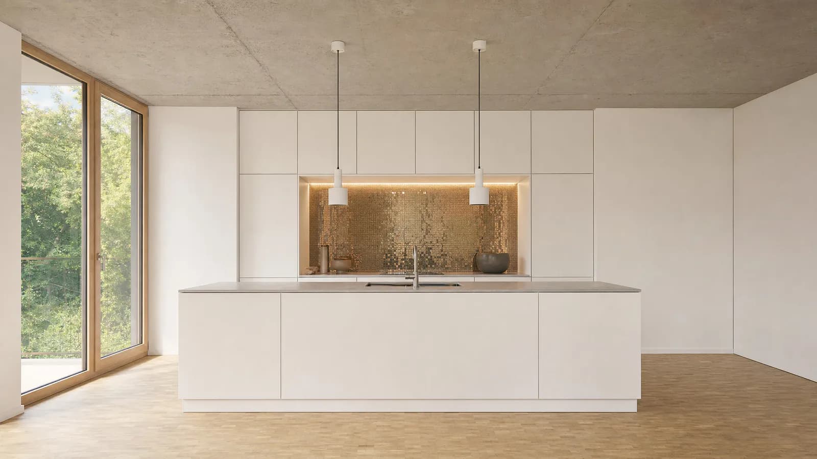 Esempio di cucina: cucina componibile bianca con isola e lampade a sospensione sotto un soffitto in calcestruzzo a vista.