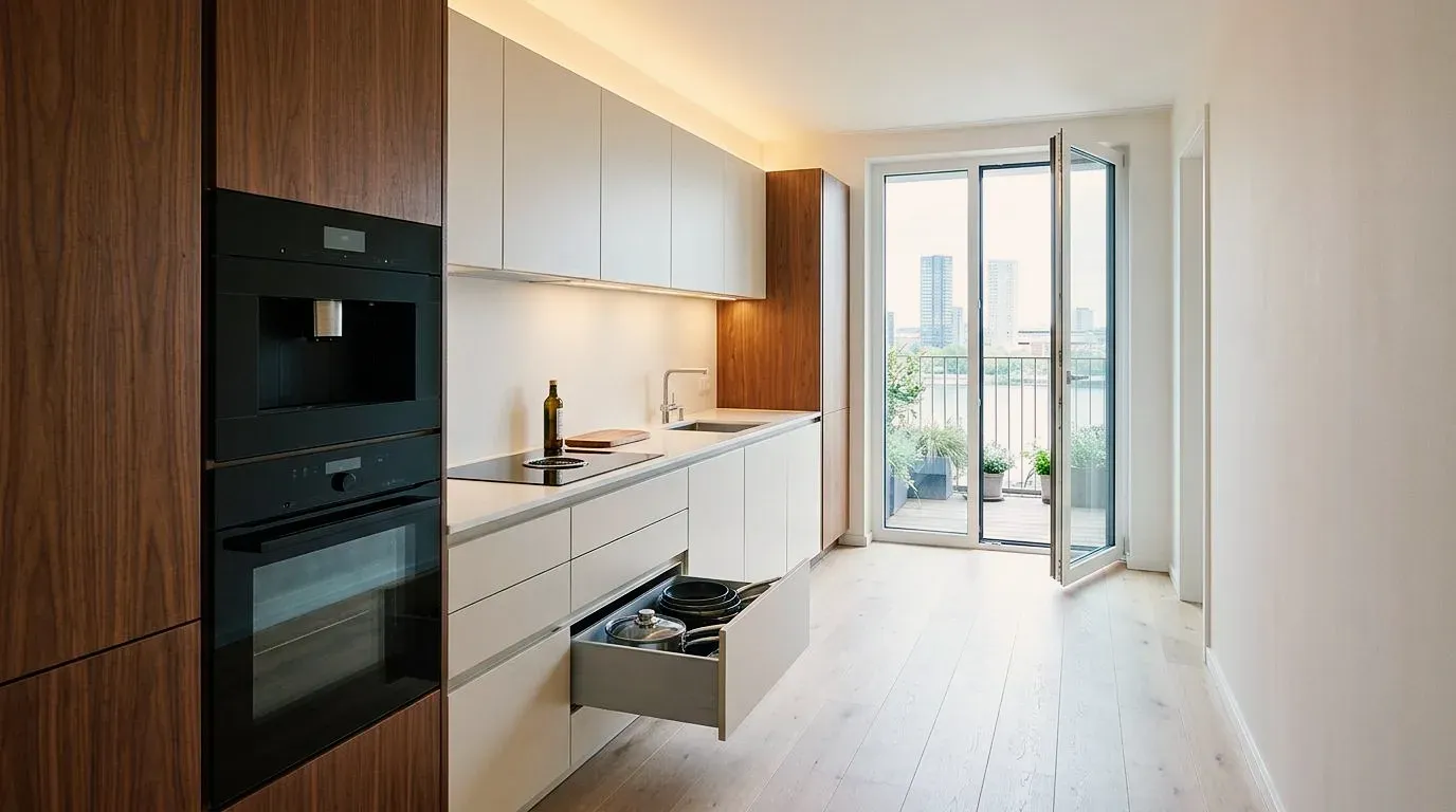 Kitchen example created with Vizera: narrow kitchen with a dark tall cabinet, light fronts and a balcony door to the city – in material, lighting and white model variants.