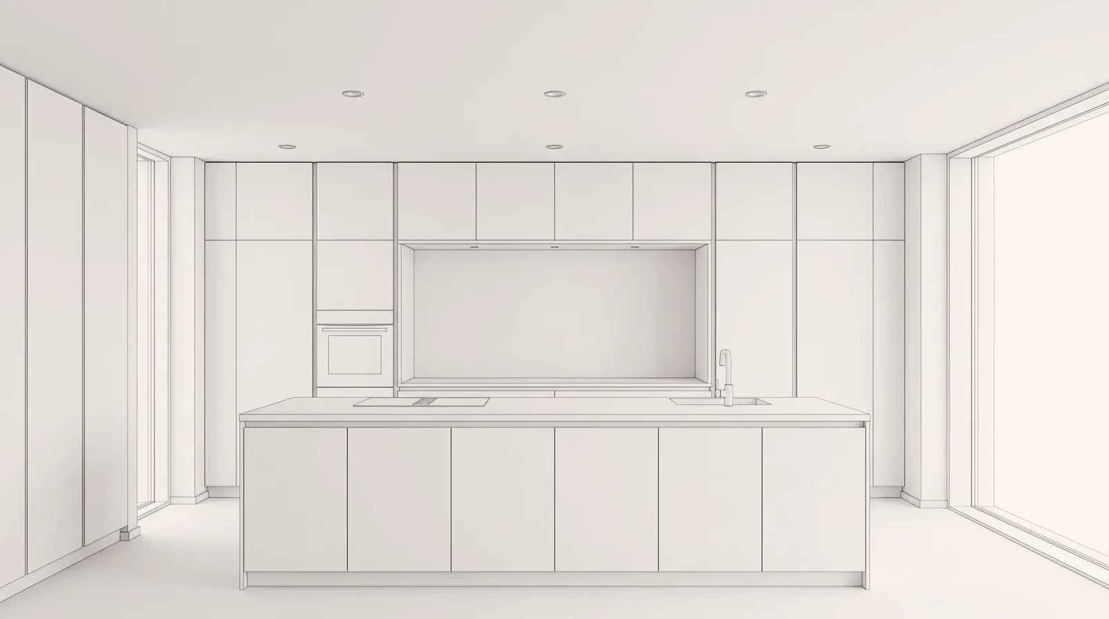 Küchenbeispiel, erstellt mit Vizera: Küche mit terrakottafarbener Kochinsel, salbeigrüner Schrankwand und Holzdecke – in Material-, Licht- und Weissmodell-Varianten.
