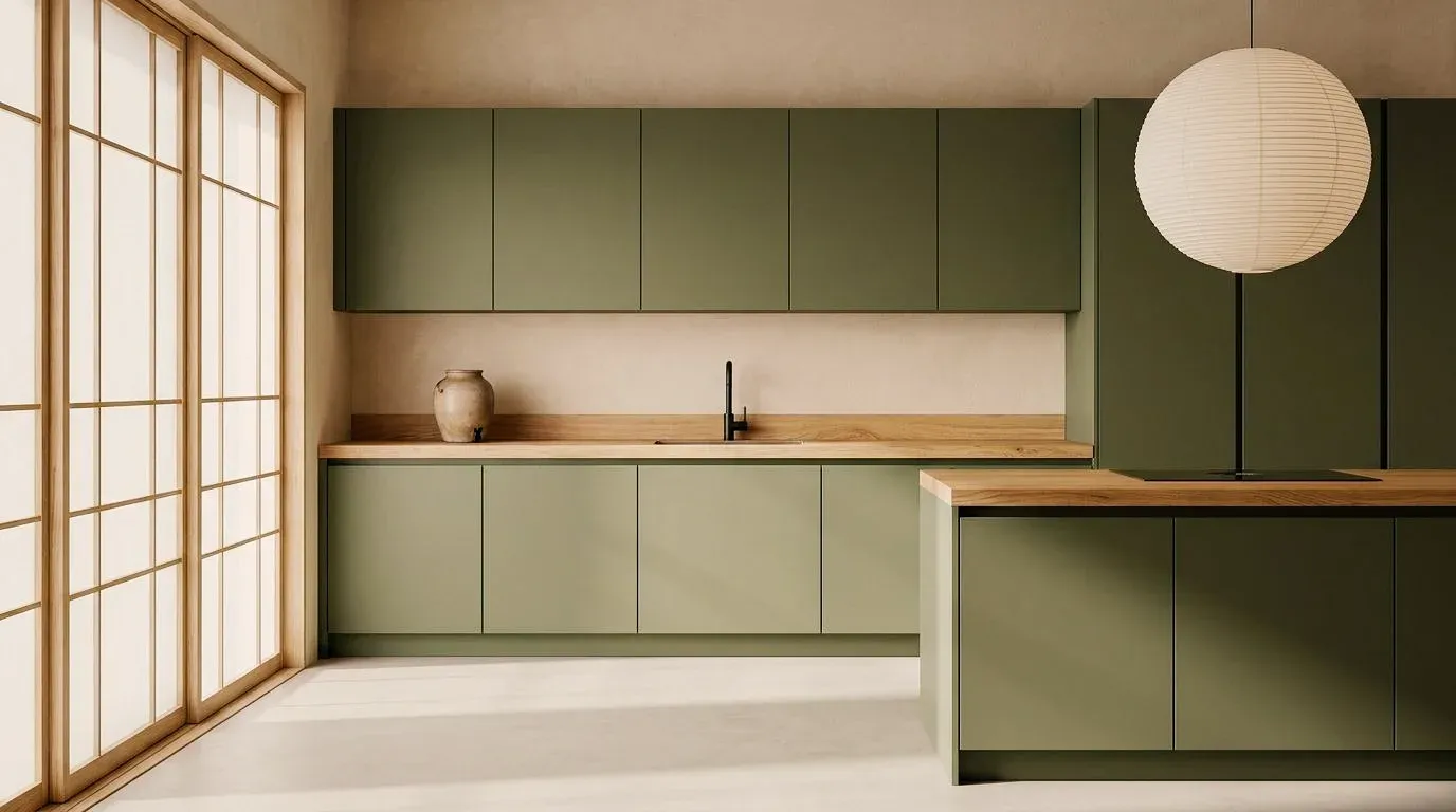 Kitchen example created with Vizera: sage green fronts, oak worktop and paper lamp – as a variant in dark oak with marble, plain in sand, and in evening light.