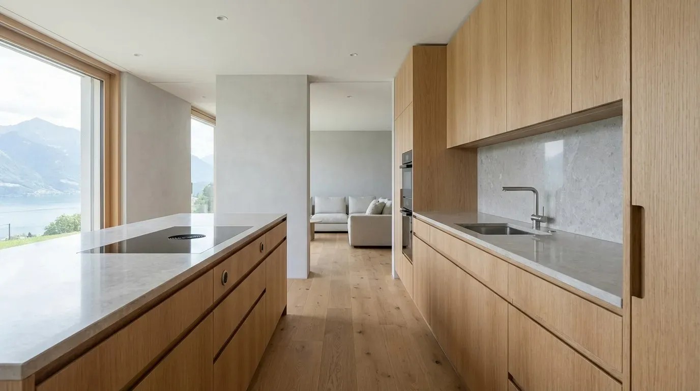 Cucina lineare con vista lago – con frontali in rovere e in verde oliva con piano di lavoro scuro.