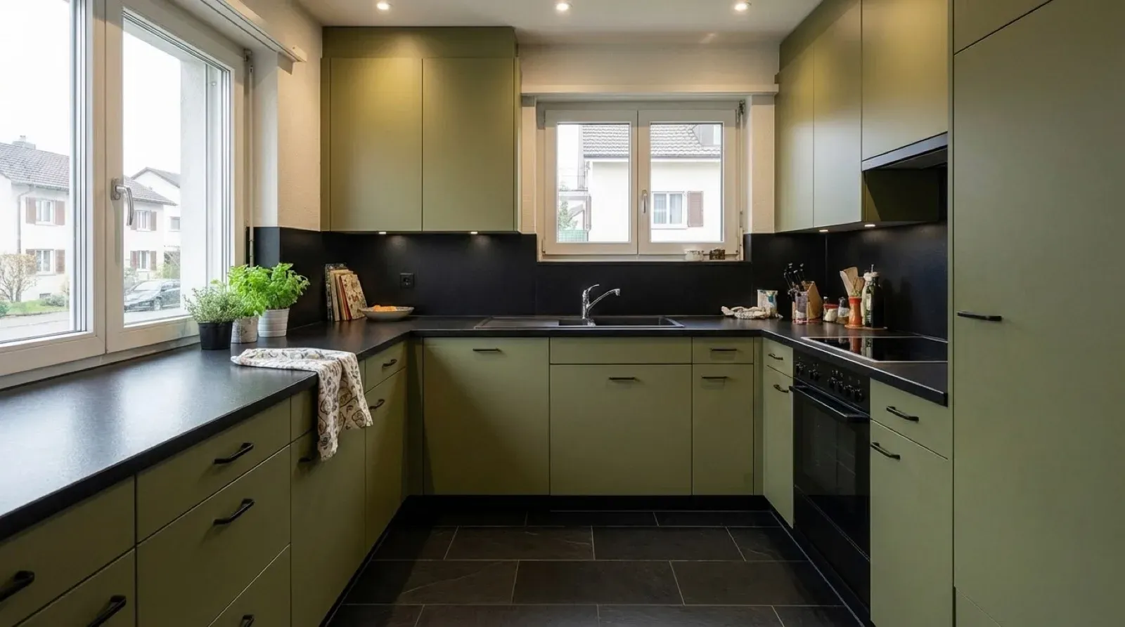Cuisine en U existante avec crédence carrelée et parquet – et après la rénovation.