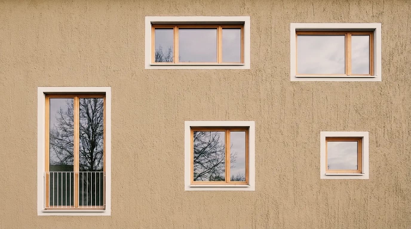 Façade en crépi gratté avec encadrements blancs – en vert sauge, en beige sable et en crépi ribé fin.