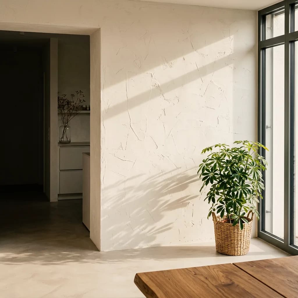 Exemple de crépi créé avec Vizera : mur intérieur en enduit à la chaux spatulé grossièrement avec plante à la fenêtre – aussi en sauge clair et en balayé.
