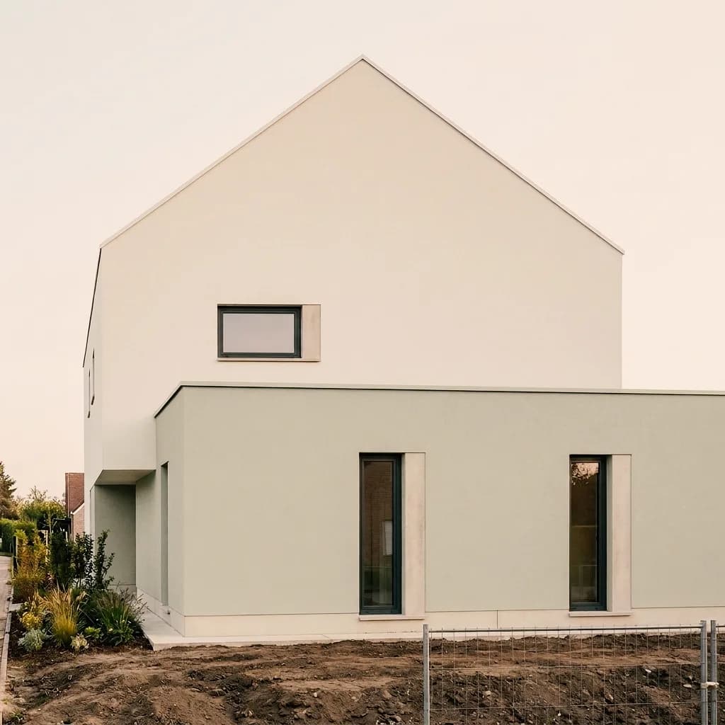 Maison à pignon avec enduit lisse bicolore – avec avant-corps vert sauge et crépi taloché au pignon.