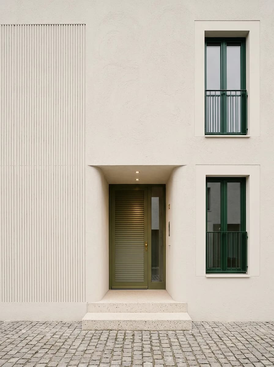 Exemple de crépi créé avec Vizera : façade blanche avec champ strié et entrée – aussi en ton sable chaud et en crépi gratté.