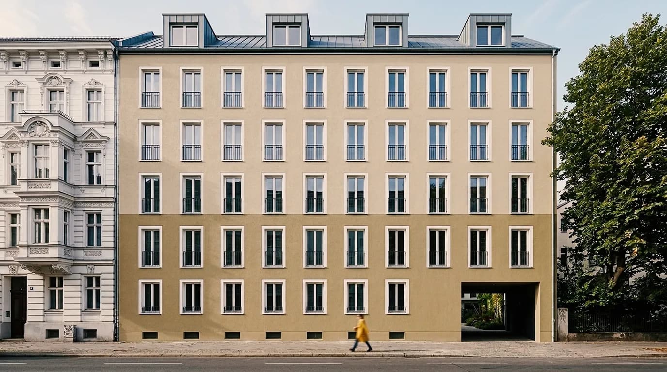 Façade urbaine bicolore à côté d'un immeuble de la fin du XIXe siècle – en vert sauge et en deux tons de sable.