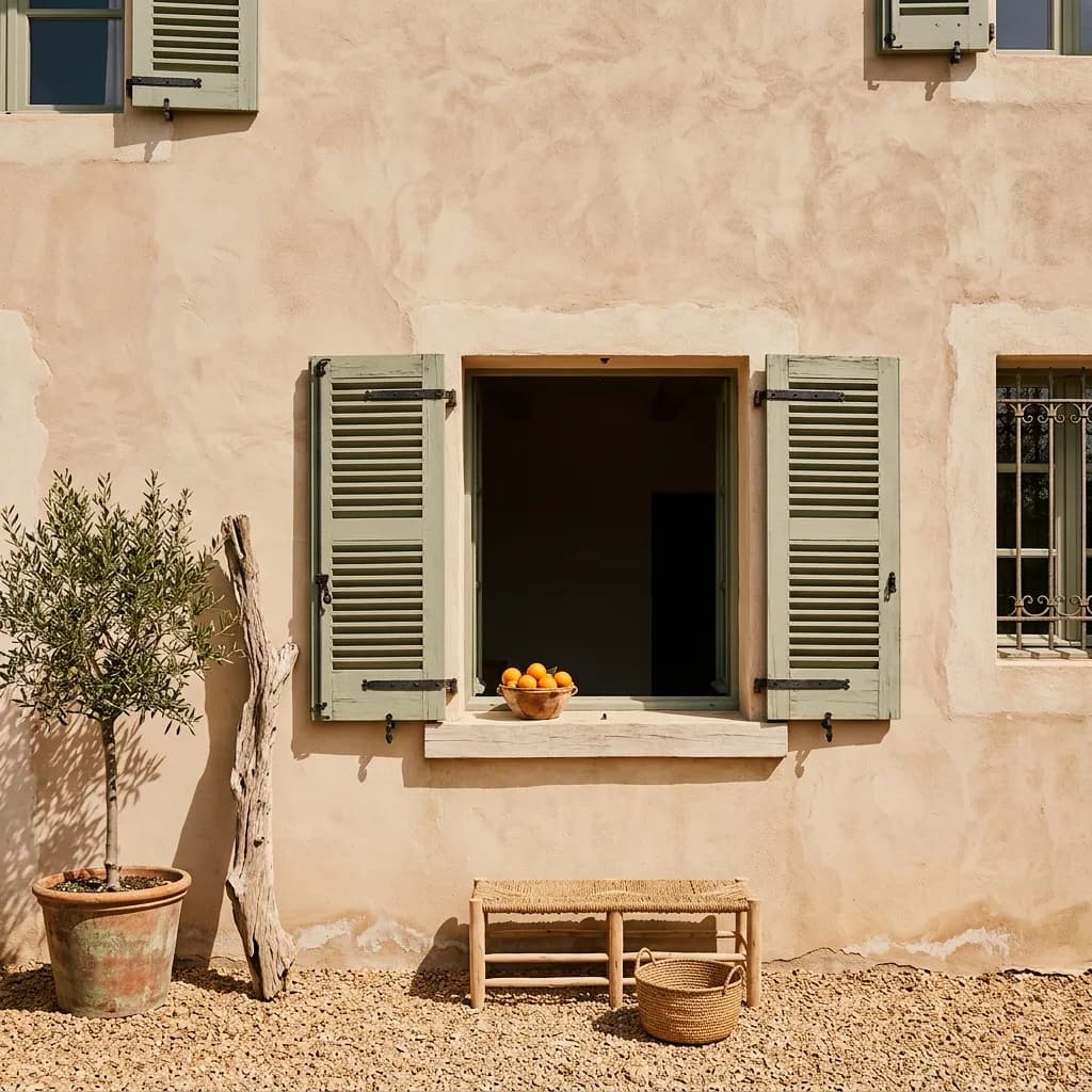 Exemple de crépi créé avec Vizera : façade méditerranéenne en enduit à la chaux avec volets verts – aussi en ivoire et en crépi ribé fin.