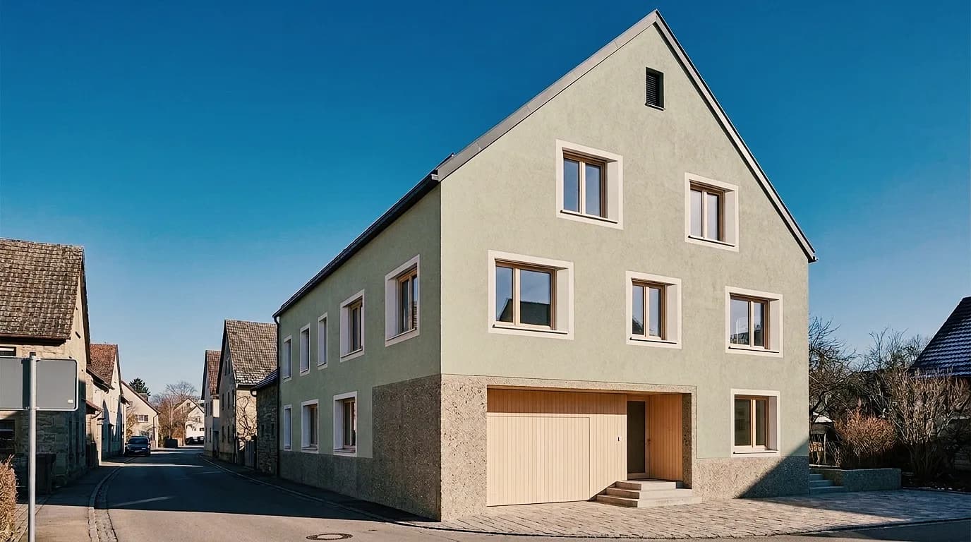 Maison de village à toit à deux pans au bord d'une rue – avec crépi taloché beige-gris et en sauge clair.