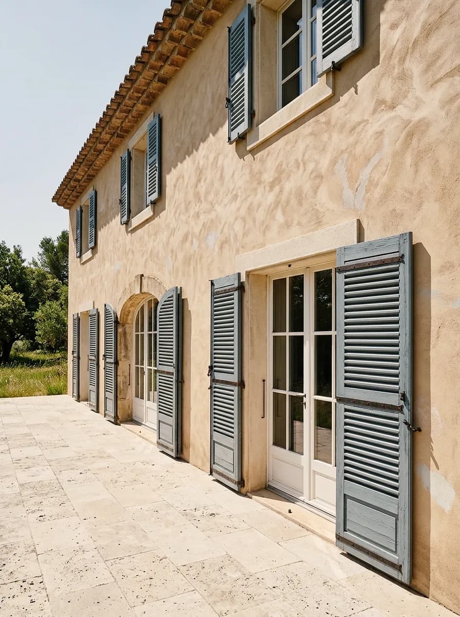 Esempio d'intonaco creato con Vizera: casa provenzale con persiane grigio-blu in intonaco di calce – anche come intonaco frattazzato fine.
