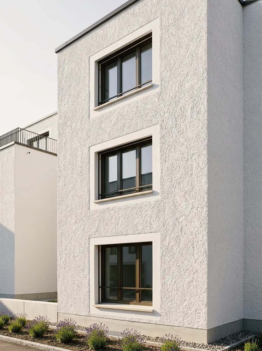 Exemple de crépi créé avec Vizera : façade blanche en crépi gratté avec encadrements – aussi en greige chaud et en crépi taloché.