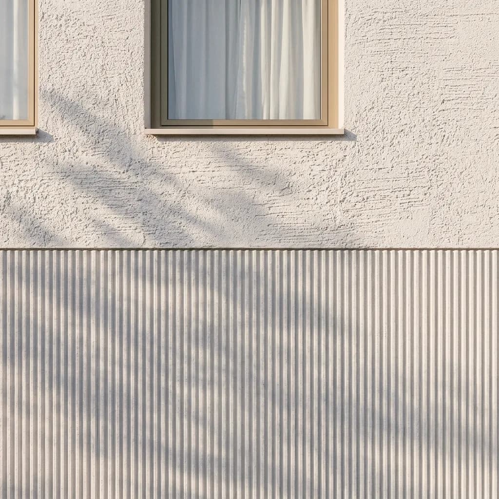 Exemple de crépi créé avec Vizera : détail, crépi gratté au-dessus d'un crépi strié en lumière rasante – en bas aussi avec un balayé transversal.
