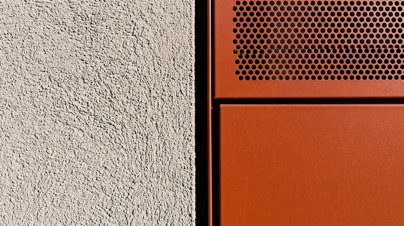 Détail de façade en crépi projeté grossier à côté d'un métal brun-rouge – aussi en crépi gratté fin.