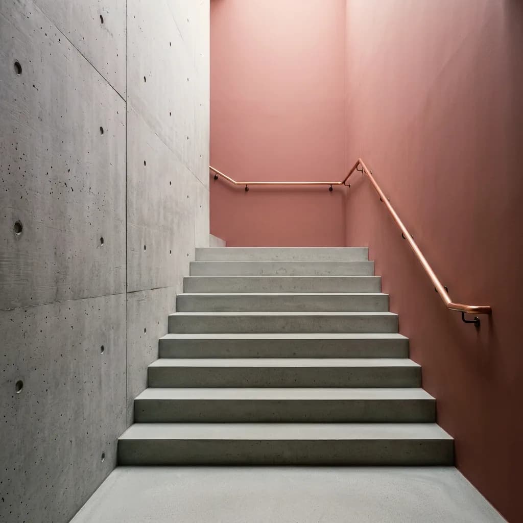 Exemple de crépi créé avec Vizera : cage d'escalier en béton apparent avec peinture vieux rose – aussi en sauge minéral et en badigeon à la chaux.