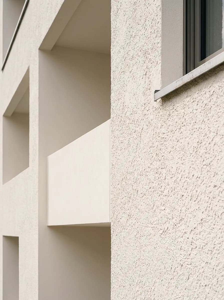 Exemple de crépi créé avec Vizera : détail, crépi gratté contre enduit lisse sur des retraits – aussi en taupe clair et en crépi strié.