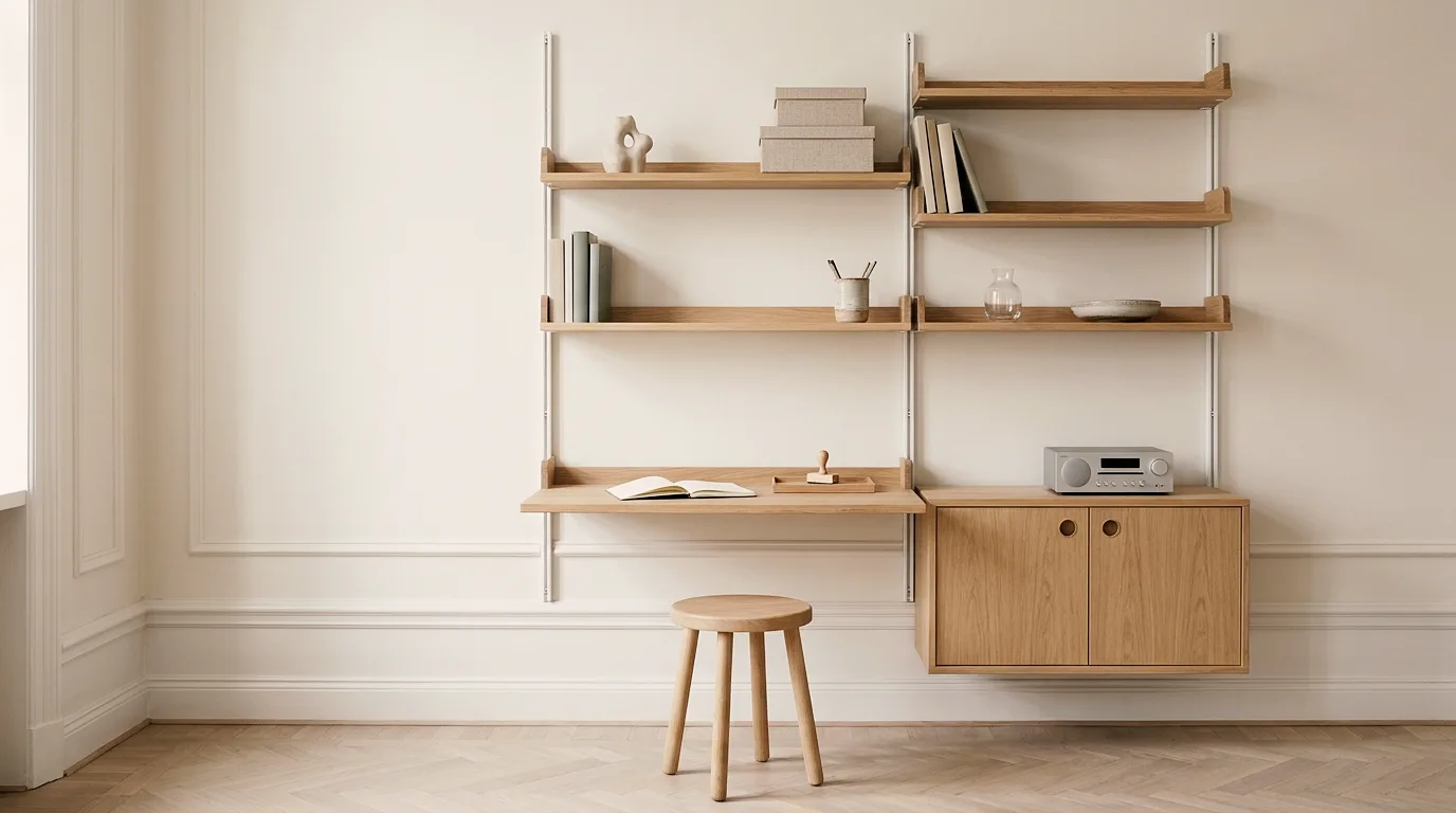 Exemple de meuble créé avec Vizera : étagère murale en chêne sur rails blancs, avec plan d'écriture et tabouret – aussi en noyer avec graphite et devant un enduit à la chaux vert sauge.