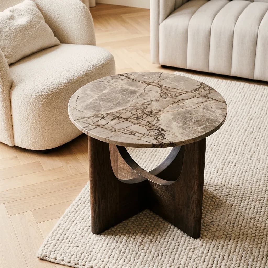 Exemple de meuble créé avec Vizera : table d'appoint à plateau en marbre sur un pied croisé en bois – aussi en marbre vert avec chêne et devant un mur couleur argile.