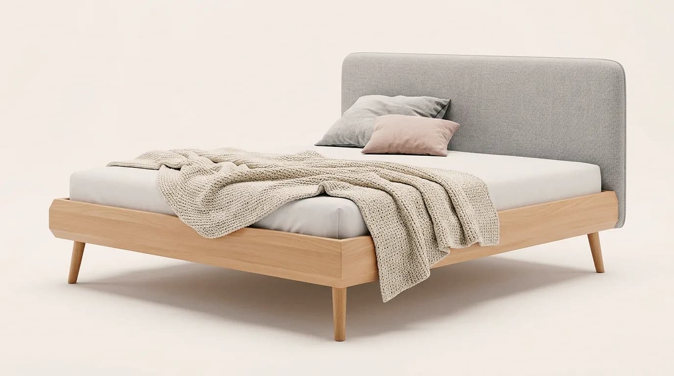Furniture example made with Vizera: beech bed with a gray upholstered headboard, as a cutout – also in walnut with dove blue and in a bedroom with clay plaster.