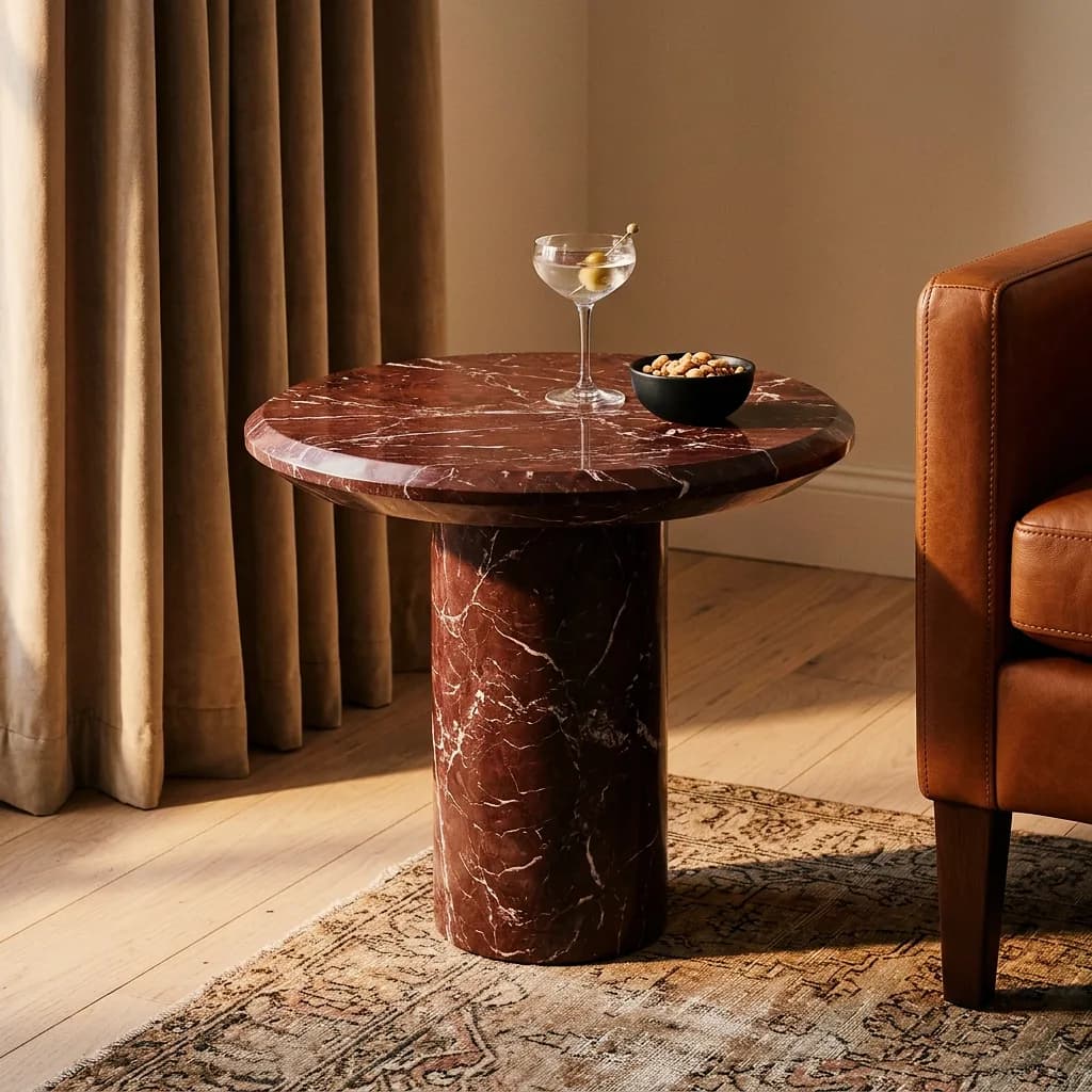 Furniture example made with Vizera: red marble side table next to a leather armchair – also in travertine and in a bright living room.