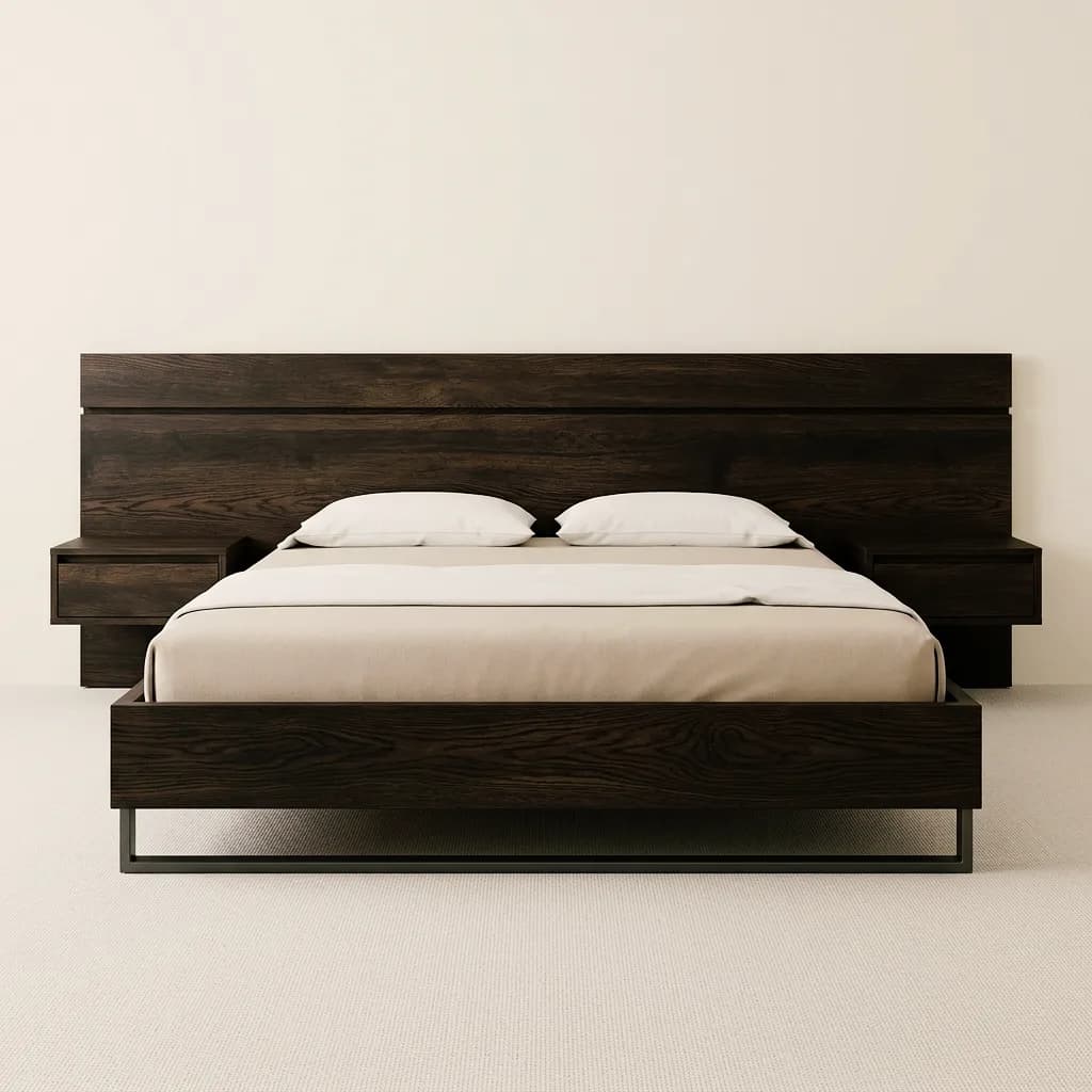 Furniture example made with Vizera: dark bed with a metal base and floating nightstands, as a cutout – also white lacquered and in front of an olive green wall.