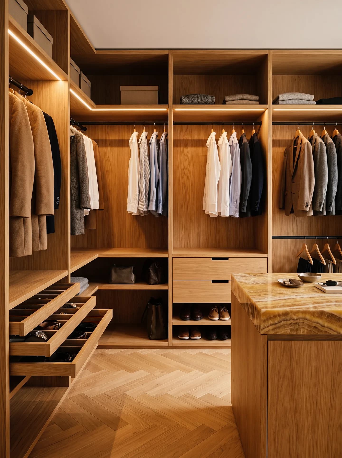 Joinery example made with Vizera: oak walk-in closet with light strips and an island – also in smoked oak and in the evening.