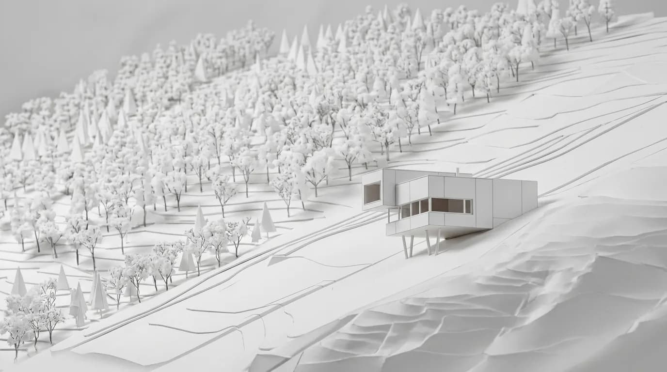 Maison en bois en porte-à-faux sur un versant forestier abrupt, dans un rai de soleil du soir – en été, au début de l'hiver et en maquette blanche.