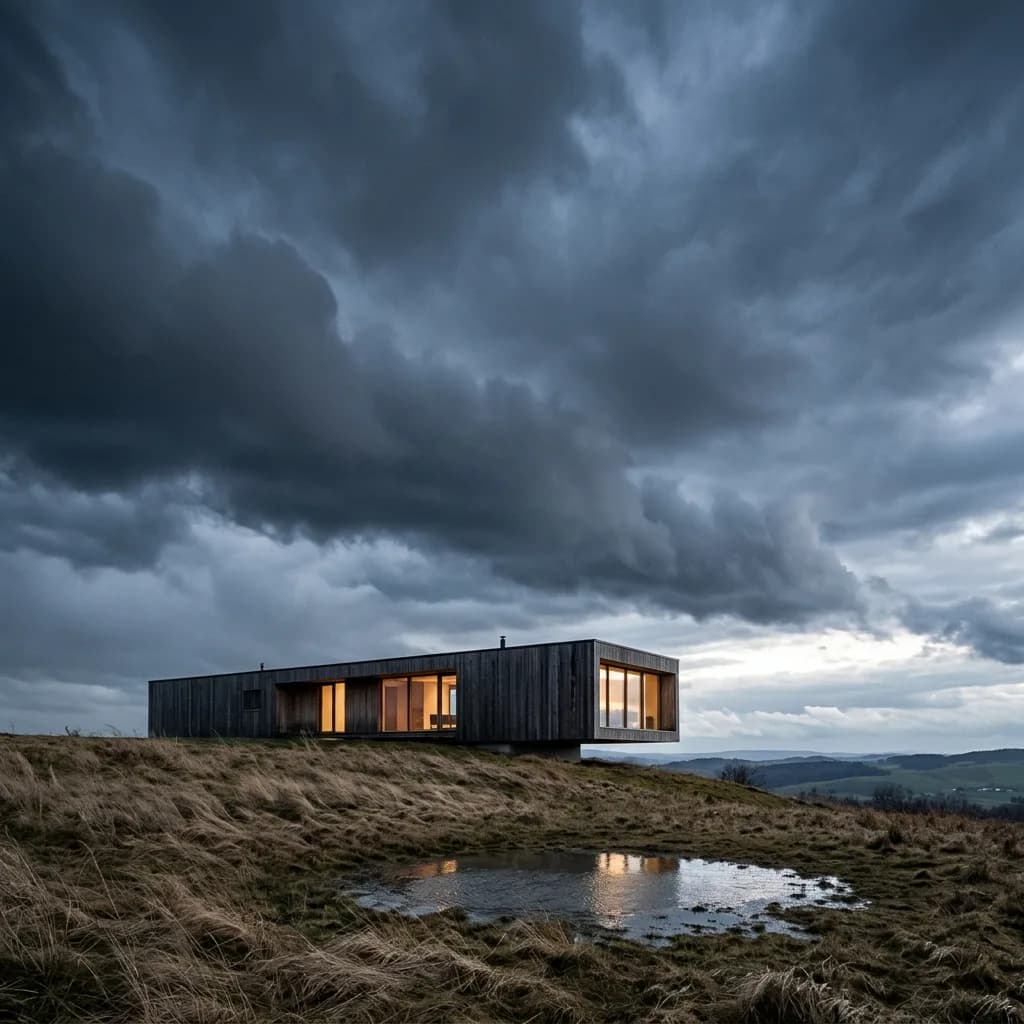 Lungo edificio basso su un altopiano sotto nubi temporalesche, davanti una pozza d'acqua – in autunno, in un mattino d'inverno innevato, con pietra calcarea e rovere e come modello bianco.