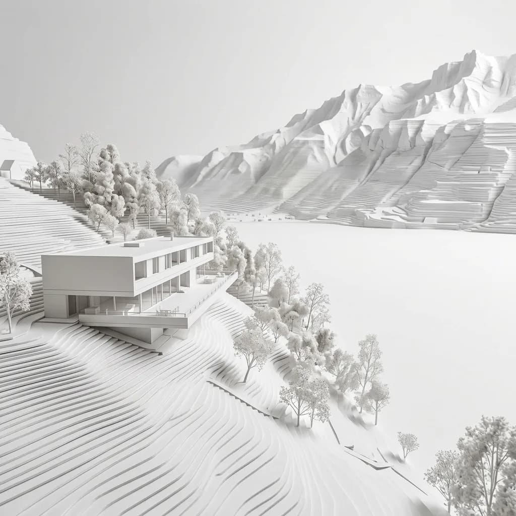 Vue aérienne d'une maison en béton sur un versant au-dessus d'un lac turquoise – en été, un matin d'automne, dans le brouillard, avec enduit clair et en maquette blanche.