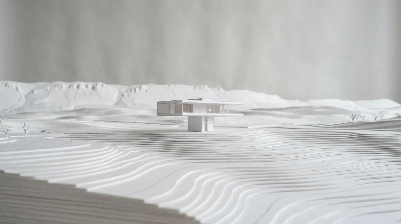 Aufgeständerte Villa mit auskragendem Dach in einer weiten Graslandschaft – bei Tauwetter, im Nebel, mit hellem Holz und als Weissmodell.