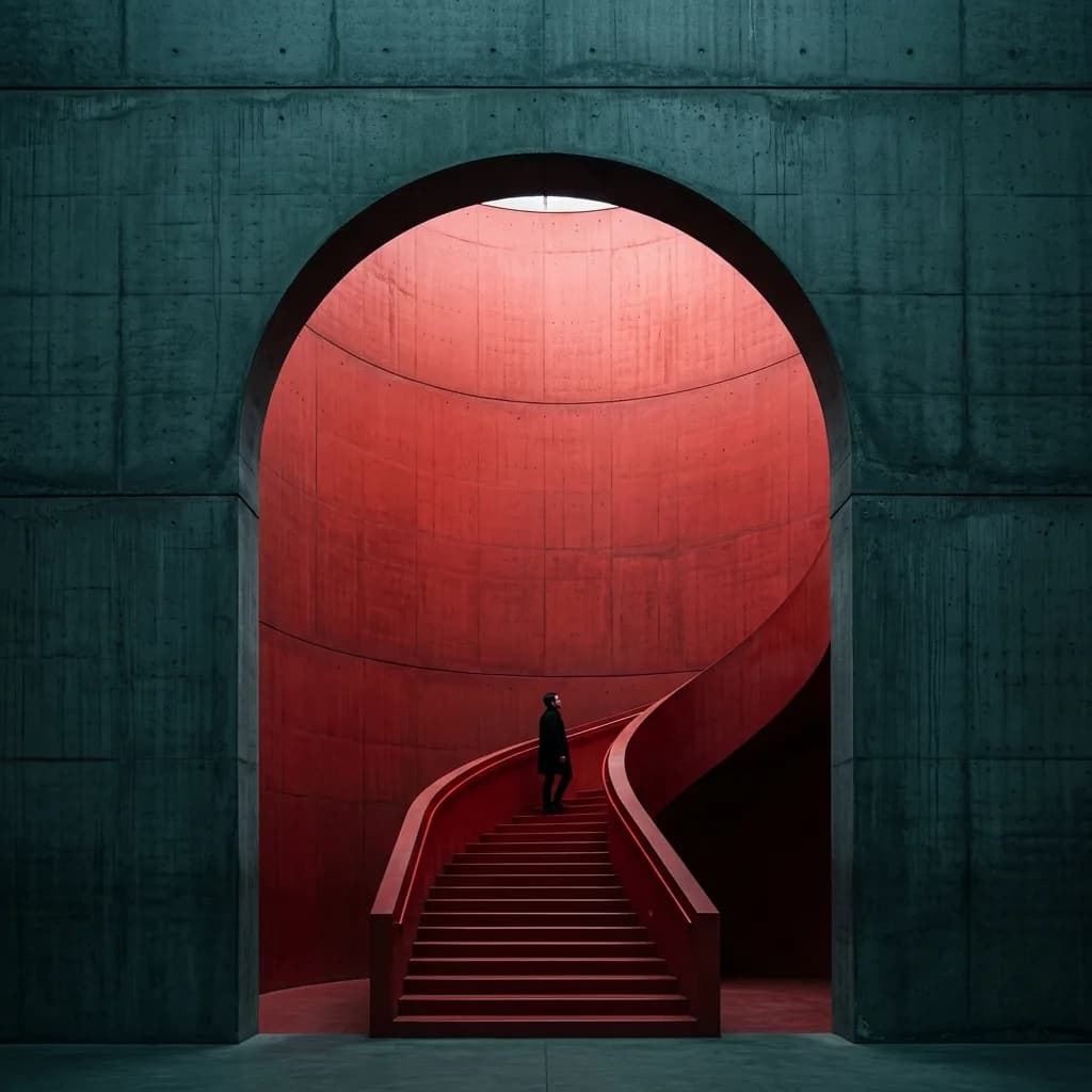 Curved staircase behind an arch, red against petrol-green walls, with a figure – in the original, in terracotta and indigo and as a white model.