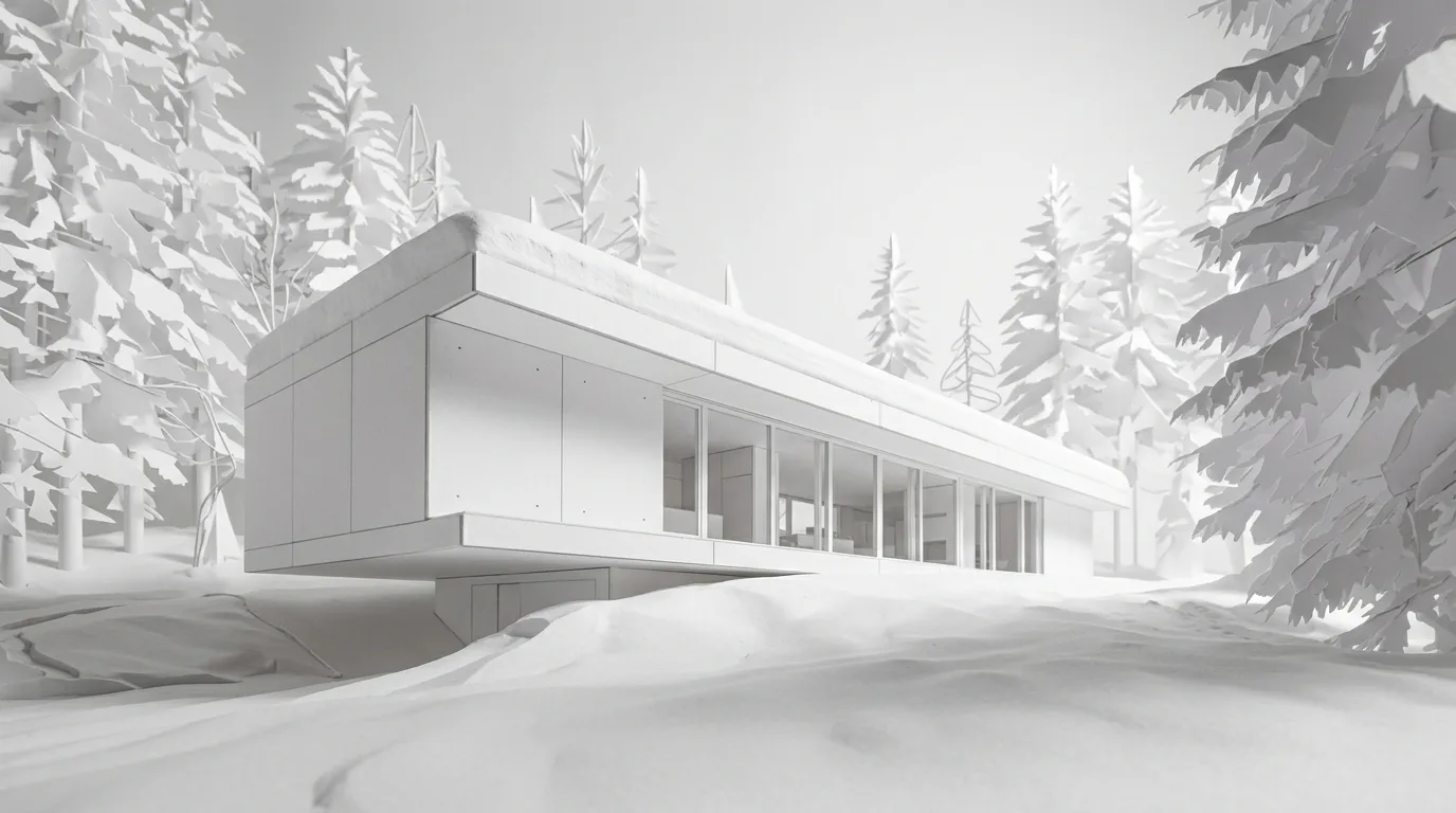 Chalet avec façade vitrée lumineuse dans une forêt d'épicéas enneigée la nuit – avec façade sombre, avec mélèze et chêne, et en maquette blanche.
