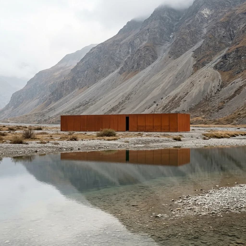 Edificio allungato arancione davanti a un paesaggio roccioso, riflesso nell'acqua – nell'originale, a inizio inverno, nella nebbia, in blu cobalto e come modello bianco.