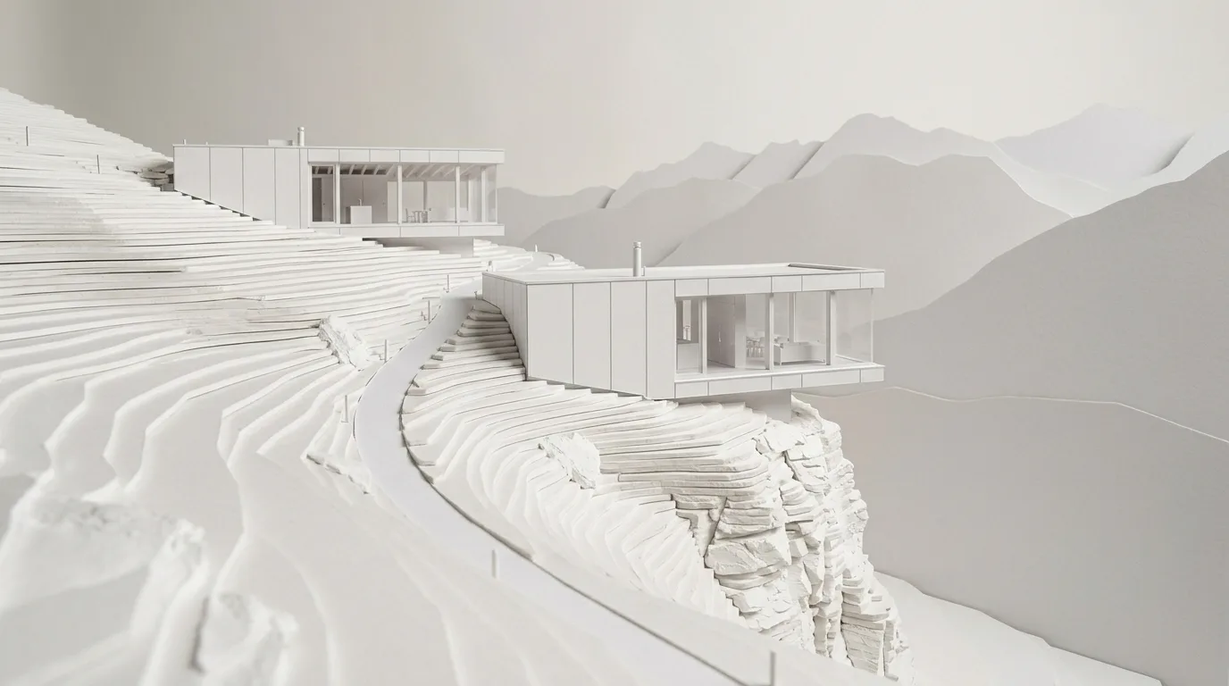 Deux maisons sur un versant raide au-dessus de la vallée avec un chemin éclairé – à l'heure bleue, un matin d'été et en maquette blanche.