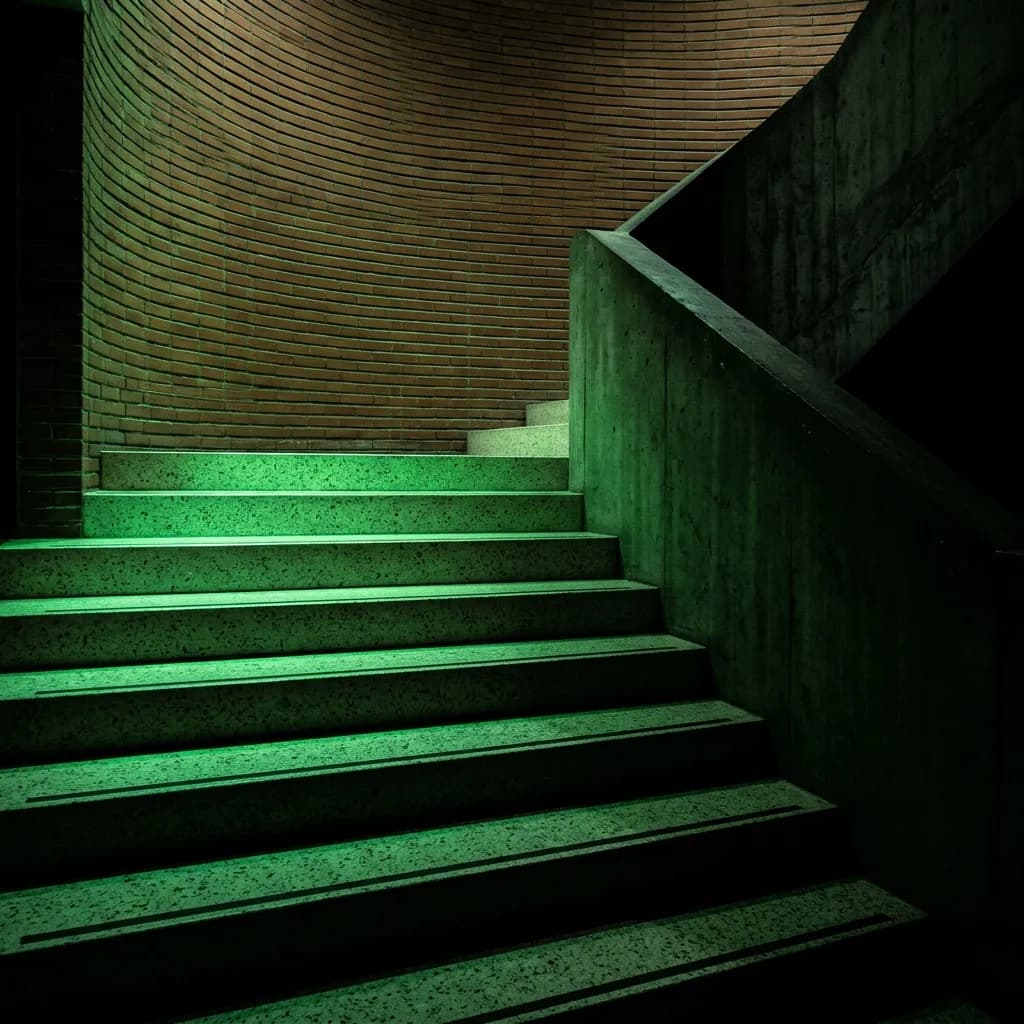 Staircase in the dark with green glowing steps between brick and concrete – in the original, in winter daylight, with light brick and as a white model.
