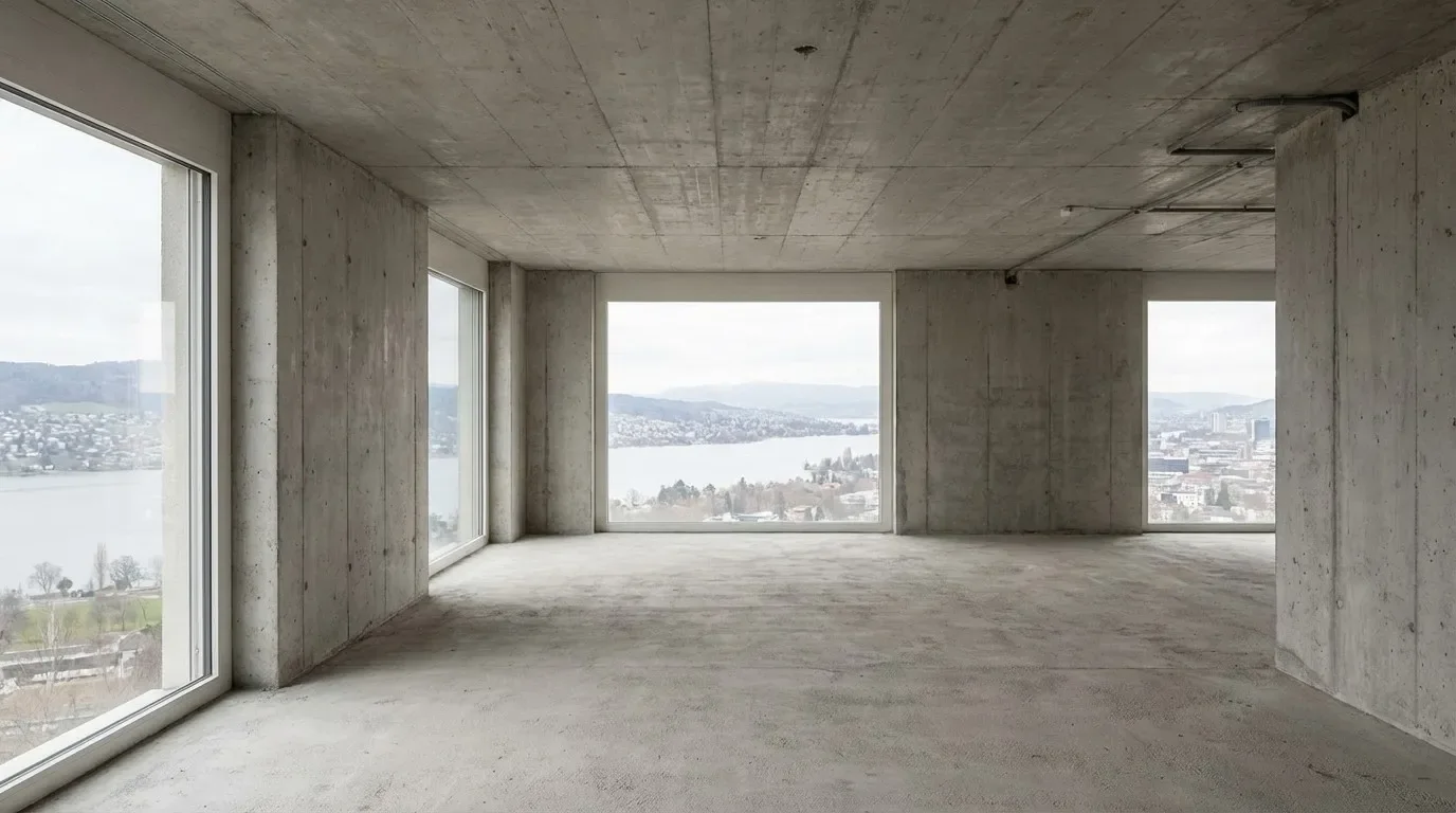 Foto di un edificio al grezzo con pareti in calcestruzzo e vista sul lago