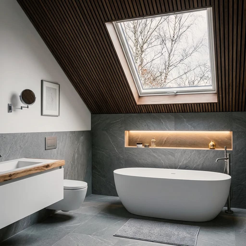 Esempio di bagno creato con Vizera: bagno mansardato grigio con vasca freestanding – anche in travertino con rovere e all'ora blu.