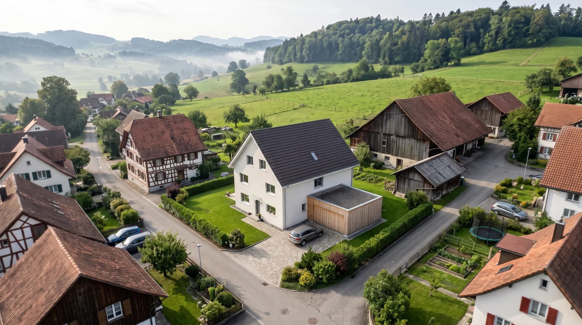 Casa unifamiliare tra case contadine nell'Oberland zurighese – con intonaco bianco e tetto in tegole, poi con intonaco grigio e tetto in lamiera.