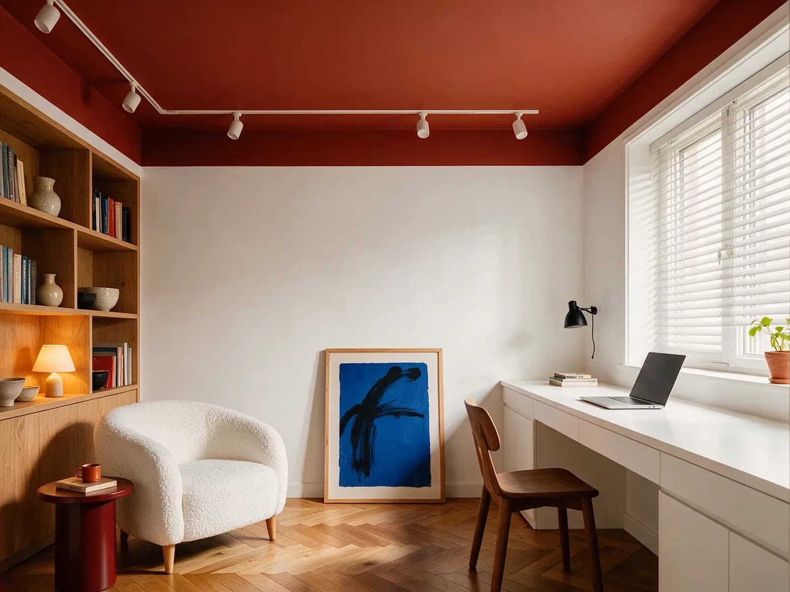 Bureau avec plafond peint en rouge, fauteuil et table de travail – avec le tableau bleu appuyé contre le mur et sans lui, le reste de la pièce inchangé.